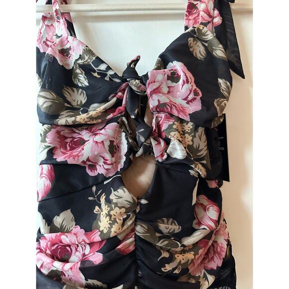 NWT Lulus Keep Blooming Black Floral Cutout Knotted Tie Mesh Bodysuit Size S - Picture 3 of 8